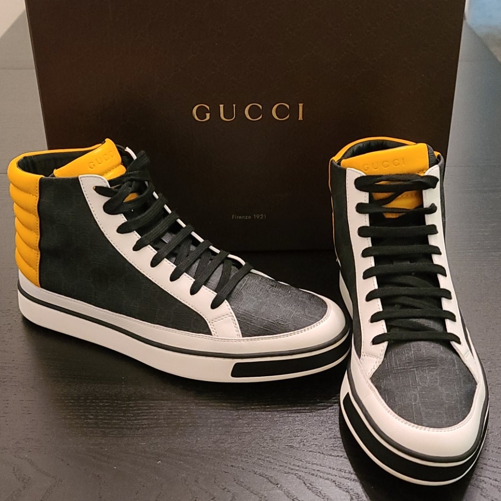 Gucci Men's 9.5, Black/White/Yellow Hi-Top Sneaker